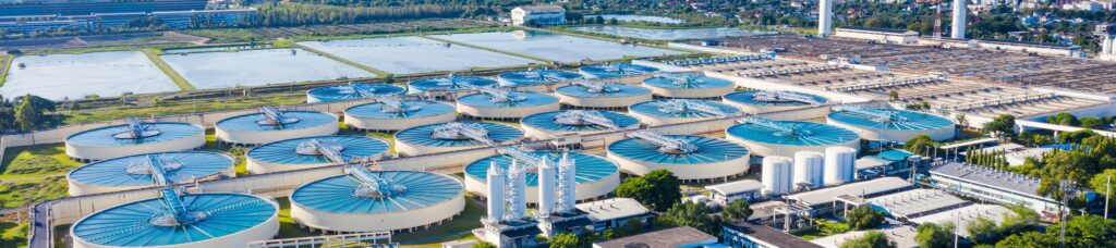 Aerial View of Drinking Water Treatment. Microbiology of drinking water production and distribution, water treatment plant. Recirculation solid contact clarifier sedimentation tank
